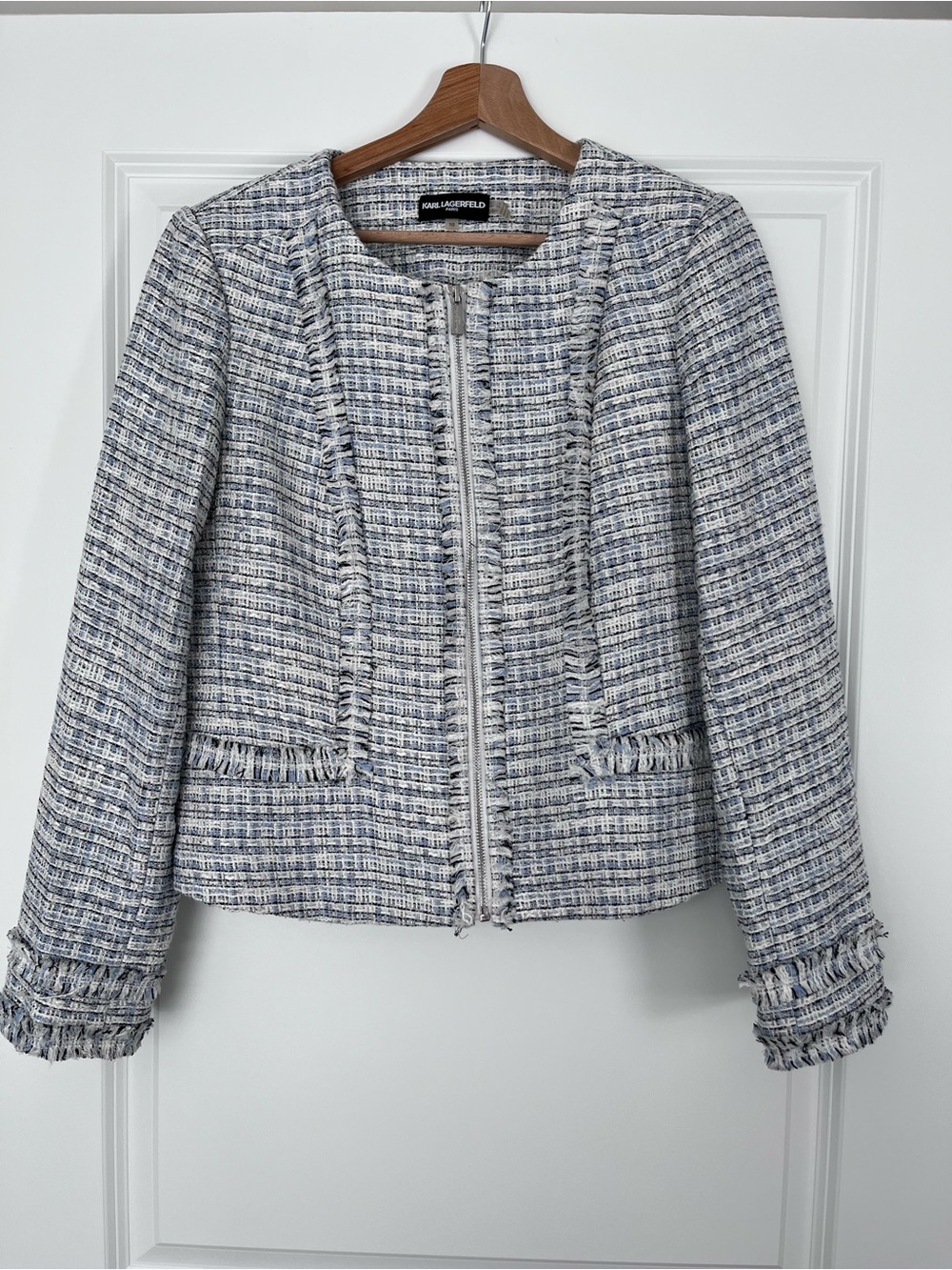 Karl Lagerfeld Blue & White Tweed Fringe Zip Jacket